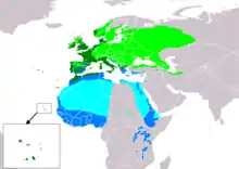      Área de cría.     Área de ocupación permanente.     Área de invernada.     Área de migración.     Área de probablemente extinto.