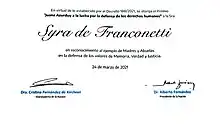 Premio "Juana Azurduy a la lucha por la defensa de los derechos humanos" a Syra Villalain de Franconetti otorgado por el Presidente de la Nación Argentina Alberto Fernández y la vicepresidenta Cristina Fernández de Kirchner 24 de marzo de 2021