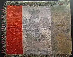 Bandera con la que se juró el Imperio Mexicano de Iturbide en San Juan Bautista (hoy Villahermosa,) en el estado de Tabasco, México, en 1822. Museo Nacional de Historia.