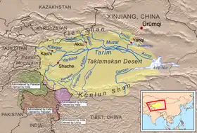 Mapa de la región de la cuenca del Tarim