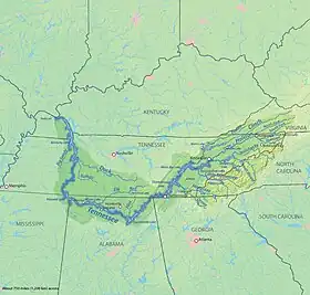 Nashville en mapa del río Tennessee.