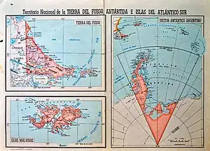 Mapa elaborado por el Instituto Geográfico Militar del Ejercito Argentino 1962 del entonces territorio nacional y que reivindica las islas al sur del canal de Beagle. El ligio cesó en 1984.