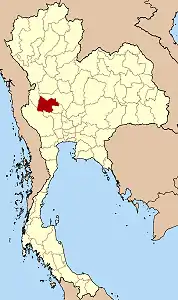 Mapa de Tailandia donde se señala en color rojo la Provincia de Uthai Thani, donde en el año 2007 se descubrió el primer ejemplar de Desmoxytes purpurosea.