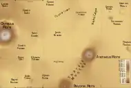 Mapa del cuadrilátero de Tharsis con las principales características indicadas. Las Ceraunius Fossae están en la parte superior derecha.