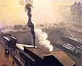Tableau dans les tons beiges montrant un quai avec des baraquements et deux colonnes de fumée, une noire, une blanche ; au fond, passants et véhicules sur un pont