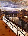 Peinture représentant en diagonale un fleuve bordé de quais blancs et de chaussées ocres avec petits personnages ; au fond, pont et ciel tourmenté