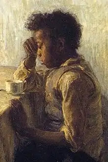 Detalle del muchacho negro rezando en la pintura Los pobres agradecidos de Henry Ossawa Tanner.