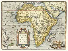 En 1570, en este mapa holandés, el Níger está confundido con el Senegal. El río Real desemboca en el golfo de Benín.