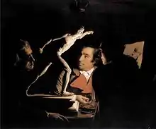 Tres personas mirando al Gladiador con un candil, por Joseph Wright of Derby, 1765
