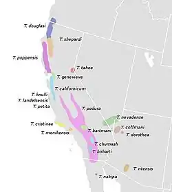 Distribución geográfica de especies de Timema en Norteamérica (Law & Crespi, 2002). T. morongense se encuentra al oeste de T. chumash pero no se conoce su distribución total.Jennifer H. Law & Bernard J. Crespi (2002). «The evolution of geographic parthenogenesis in Timema walking-sticks». Molecular Ecology (Blackwell Science Ltd.) 11 (8): 1471-1489. PMID 12144667. S2CID 45314005. doi:10.1046/j.1365-294x.2002.01547.x. 