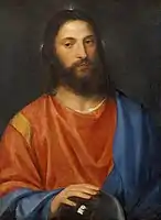 Versión de Tiziano, con la mano derecha sobre el orbe.