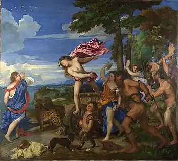 Baco y Ariadna, de la National Gallery de Londres, h. 1518-1526, la otra obra de Tiziano que formaba grupo con La bacanal y la Ofrenda a Venus.