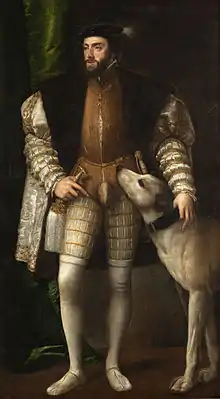 Carlos V con un perroÓleo sobre lienzo, 194 × 113 cm, Museo del Prado.