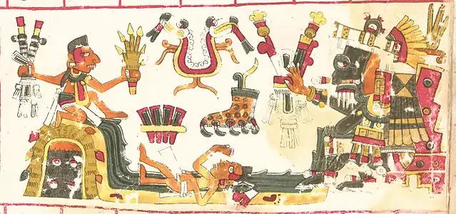 Tláloc, representando el diluvio según la Cosmogonía Náhuatl previo al Quinto Sol en el Códice Borgia.