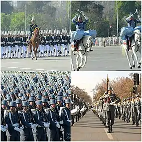 En la imagen (de izquierda a derecha y de arriba a abajo): Cadetes de la Escuela Militar en desfile; Timbaleros del Regimiento Escolta Presidencial Nº1 Granaderos; Escuela de Suboficiales en desfile; Pasacalle de la Escuela de Suboficiales