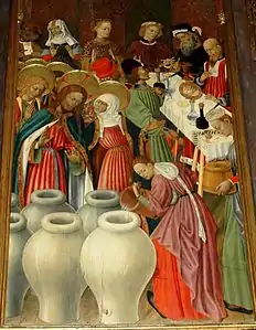 Bodas de Caná de Bernat Martorell, en el retablo de la Transfiguración (1445/1452) de la Catedral de Barcelona.