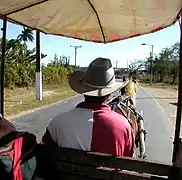 En la foto, febrero de 2004, se aprecia parte de la carretera entre el pueblo de Guayacanes y el Crucero de Guayacanes y uno de los medios de transporte utilizado por los habitantes.