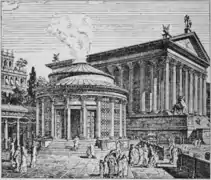 Reconstrucción del templo, con el templo de Cástor y Pólux en segundo plano