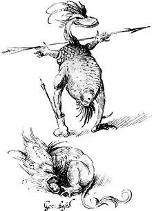 At the top, a humanoid creature with the head and lower torso of a duck stands, holding a spear with its humanoid hands attached to a scaly tortoise-like upper body.  At the bottom, a creature, with a parrot-like head and a lion's torso, lies on the ground, bellowing.