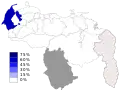 Porcentaje de votos de UNT dentro de la coalición opositora en las elecciones regionales de Venezuela de 2004. UNT era un partido regional zuliano entonces.