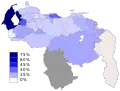 Porcentaje de votos de UNT dentro de la coalición opositora en las elecciones regionales de Venezuela de 2008. El estado Amazonas (en gris), no participó.