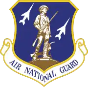 A blue shield with yellow outlining emblazoned with a man in 18th-century clothing holding a rifle in brown. Behind him are two profiles of fighters in white. Below the shield is a white scroll with yellow outlining that states "Air National Guard".