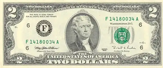 Billete de 2 dólares con la efigie de Jefferson