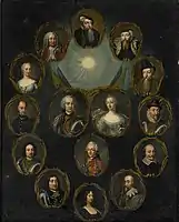Muestra 15 retratos del árbol genealógico de la familia Gustavianska