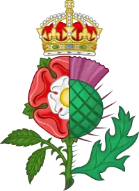 Insignia de la Unión de las Coronas Tudor Rose dimidió con el cardo escocés, usado por el rey Jacobo I y VI para simbolizar la unión personal de sus reinos.