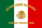 Bandera con escudo e inscripción bordados en hilo dorado fue una bandera el Estado Libre y Soberano de Jalisco.