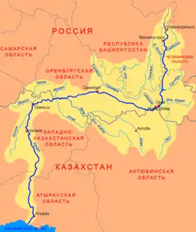 Mapa del río Ural donde aparece Magnitogorsk (Магнитогорск) a la orilla de su curso alto