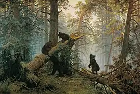 Savitski pintó el paisaje de Shishkin con osos en su obra Mañana en un bosque de pinos (1886).