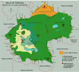 Mapa general del Valle Pachuca-Tizayuca (en amarillo) como parte de la Cuenca de México.