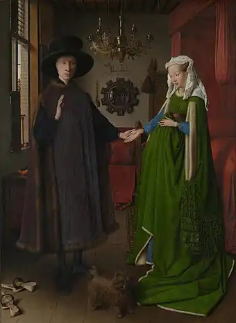 Matrimonio Arnolfini, de Van Eyck. El nivel de detalle de los primitivos flamencos, además de corresponder a su particular sensibilidad o propuesta estética, se explica por las posibilidades que les permitió la novedosa técnica del óleo y el uso de pinceles extraordinariamente finos (hasta de un solo pelo).