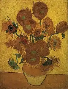 Jarrón con catorce girasoles (F458, JH1667), óleo, 95 x 73 cm, Arlés, enero de 1889. Museo van Gogh, Ámsterdam, Países Bajos.