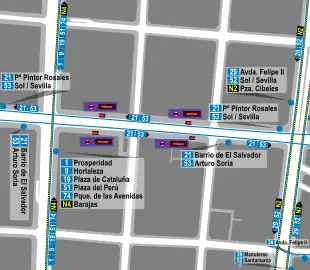 Mapa zonal de la estación de metro de Velázquez con los recorridos de las líneas de autobuses, entre las que aparece el 52.