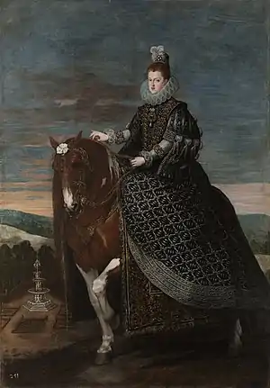 La reina Margarita de Austria a caballo.