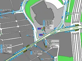 Mapa zonal de la estación de metro de Ventas con los recorridos de las líneas de autobuses, entre las que aparece el 38.