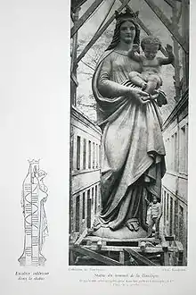 Croquis de la estructura de la estatua y fotografía de la virgen de la garde en los talleres Christophe hacia 1869 antes de su traslado a Marsella.