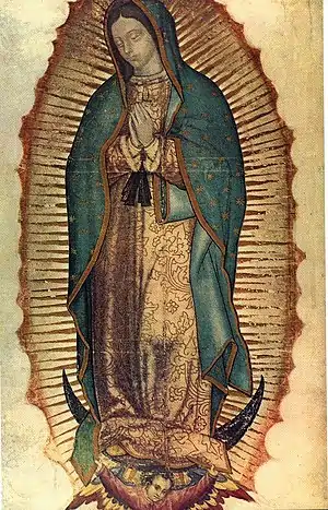 Imagen original de la Virgen de Guadalupe: nótese que ya no lleva la corona que se le pintó en el siglo XVII.