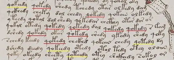 Detalle de una de las palabras repetidas en el f78r. En rojo, la palabra qokedy. En amarillo, algunas de sus variantes como qokeedy, qoteedy o qotedy.