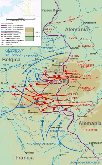 Mapa de los movimientos de tropas durante la batalla de las Ardenas. Bastoña está cerca del centro.