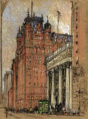 El Waldorf-Astoria en su ubicación original, la Quinta Avenida con la calle 34. Dibujo de Joseph Pennell, c. 1904-08.