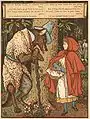 El Lobo Feroz se hace el encontradizo con Caperucita, ilustración de Walter Crane publicada en 1875.