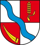 Wappen Bördekreis - Genehmigt am 14. 10. 1994 durch den Innenminister.Die Farben stehen für das Bistum Halberstadt, der blaue Wellenbalken symbolisiert sowohl die Bode und ihre Auenlandschaften als auch das Große Bruch, während die Ähre die Landwirtschaft der Börde und das Sensenblatt die daraus resultierende Industrie darstellt