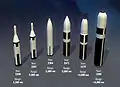 Misiles balísticos de la Armada de EEUU (de izquierda a derecha): Polaris A1, Polaris A2, Polaris A3, Poseidon, Trident I and Trident II