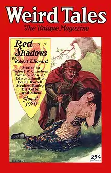 Red bordered magazine cover; the central illustration shows a man holding a supine woman