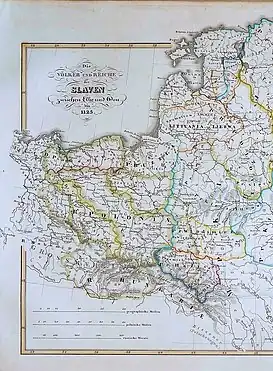 Pomerelia (rotulada M: Gdańsk) en Polonia en un mapa que muestra los pueblos eslavos occidentales antes de 1125