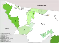 Parte occidental del estado de Acre en donde se muestra en la parte 6 el Bosque Nacional de Santa Rosa dos Purus