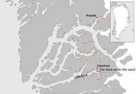 Situación de las ruinas de granjas en la zona del asentamiento occidental.